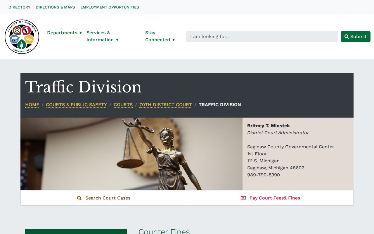 Saginaw County 70th District Court traffic division page that handles traffic warrants
