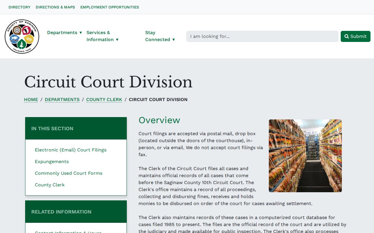 Saginaw County Clerk Circuit Court Division page that keeps municipal warrant case files