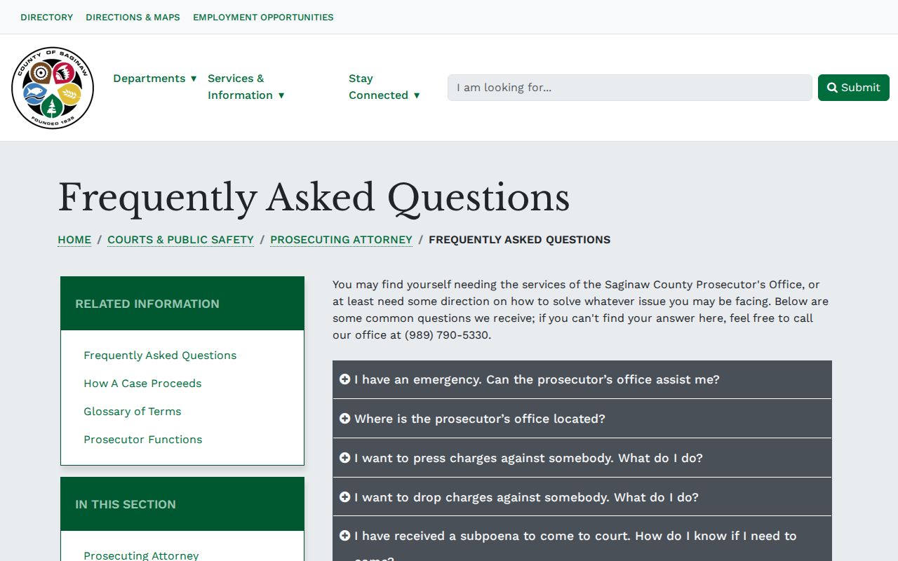 Saginaw County prosecutor FAQ page that routes municipal warrant questions to the court