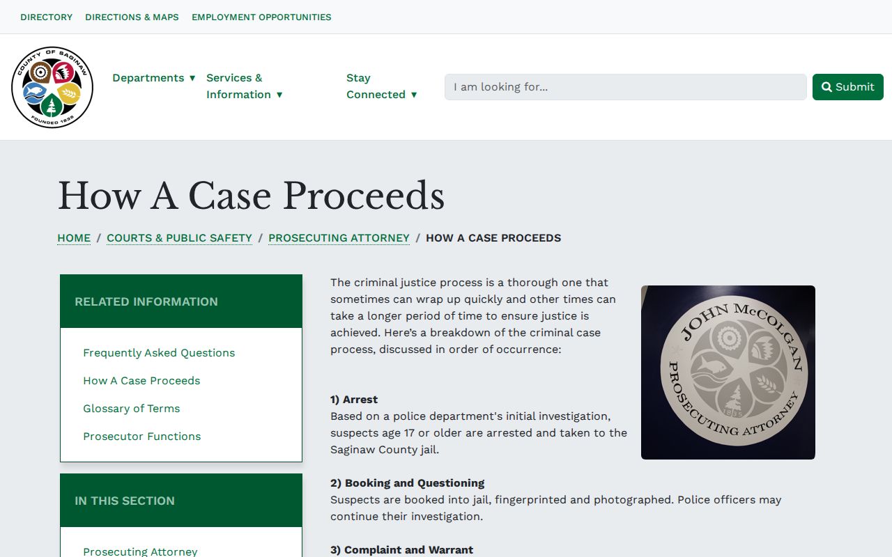Saginaw County case procedure page showing how an arrest warrant moves to arraignment