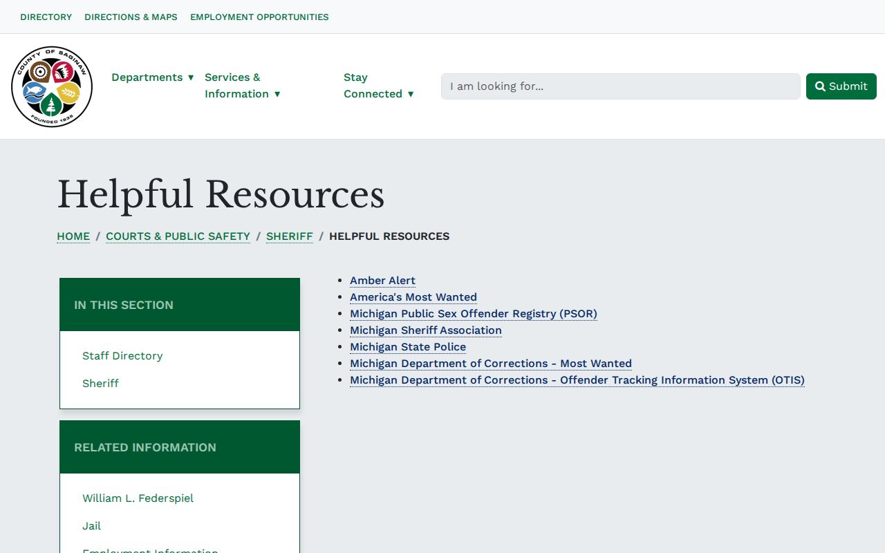 Saginaw County Sheriff helpful resources page with no outstanding warrant roster