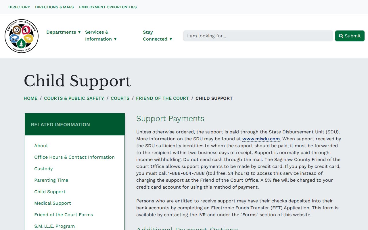 Saginaw County Friend of the Court child support page that leads to bench warrants
