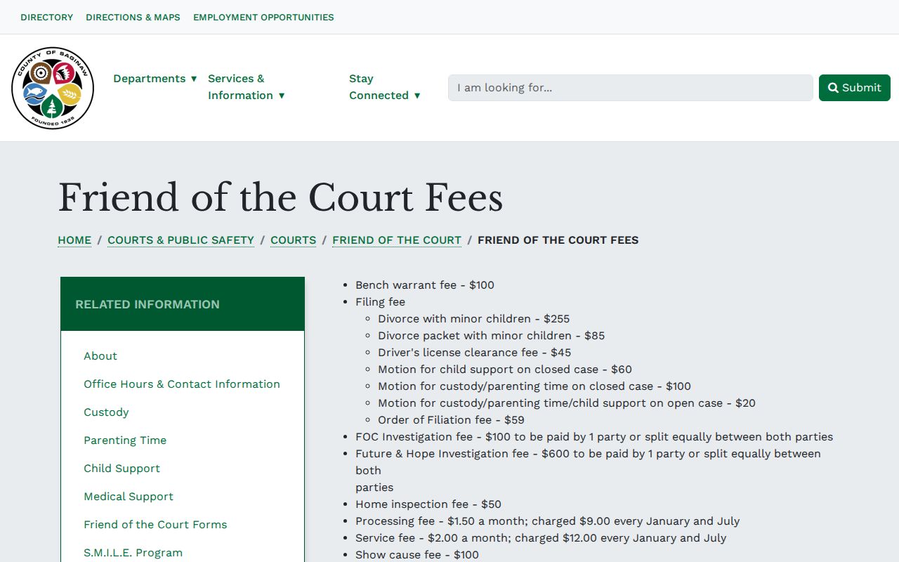 Saginaw County Friend of the Court fees page listing bench warrant fees