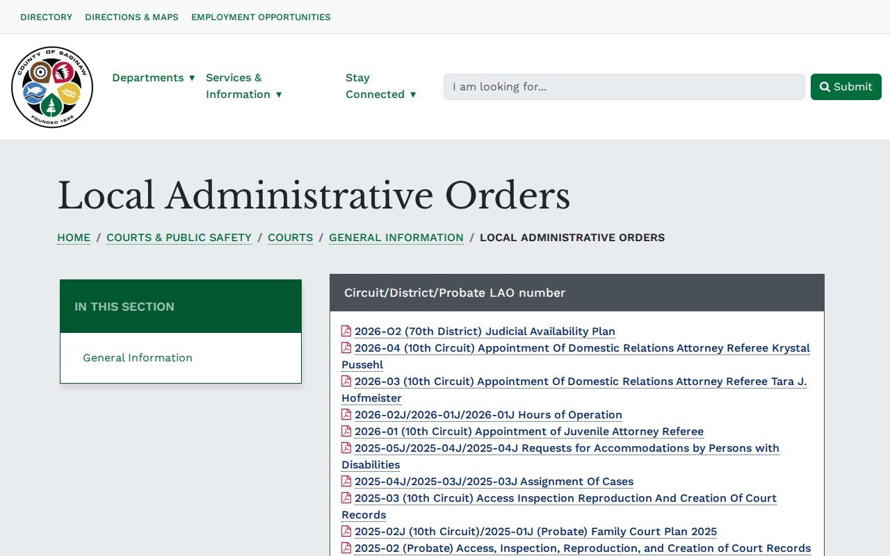 Saginaw County local administrative orders page that affects warrant case records
