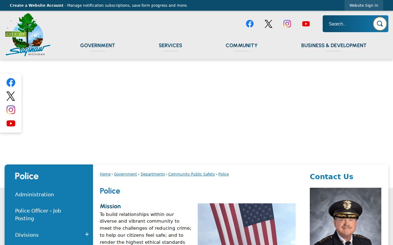 Saginaw city police department page with the address and records line for Saginaw warrant questions