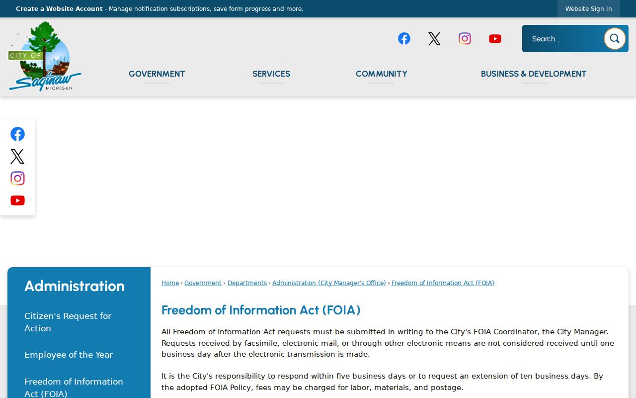 Saginaw city FOIA page showing how to request police records for a Saginaw warrant case