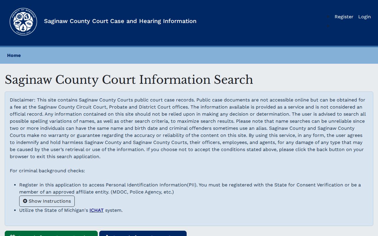 Saginaw County warrant records search landing page with the county case search disclaimer