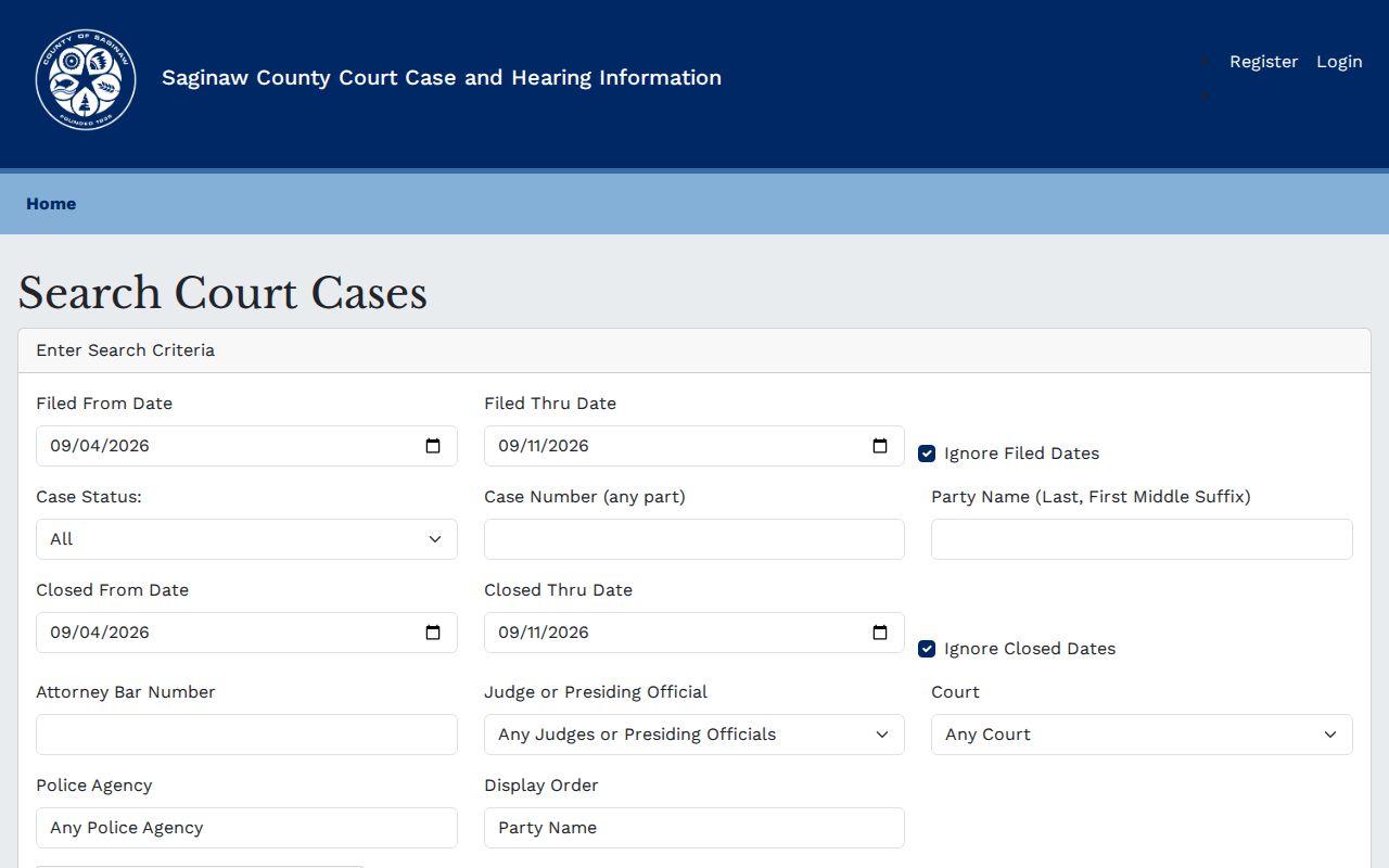 Saginaw County warrant lookup case search form with party and court filters