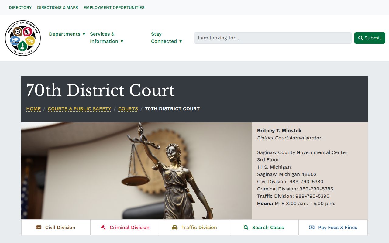 Saginaw County 70th District Court page that holds district warrant records