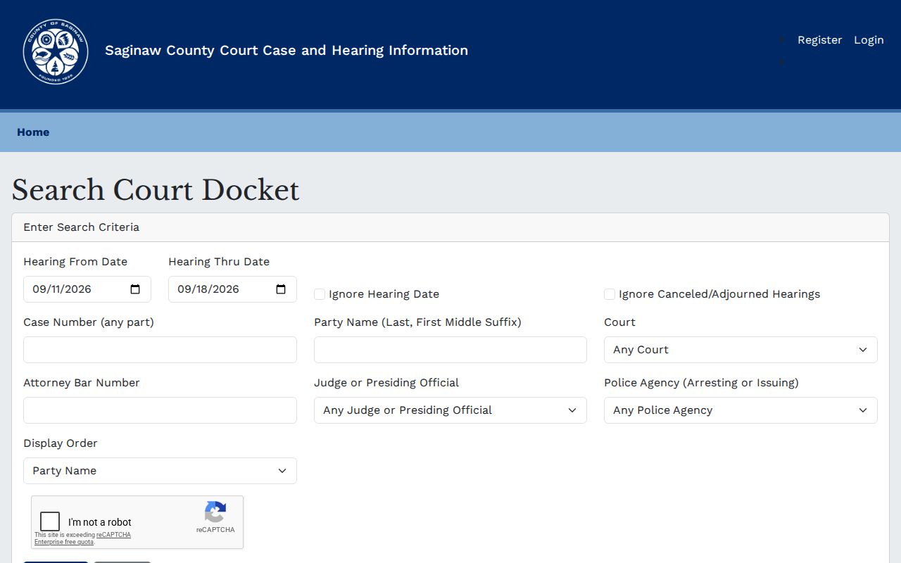 Saginaw County docket search form used to check hearing records for a warrant case